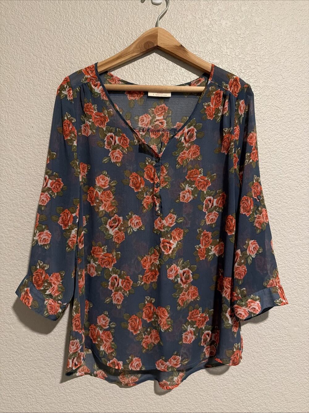 NEW Bobbie Brooks Popover Tunic Top Floral Blue Cottage Country Peasant Boho L